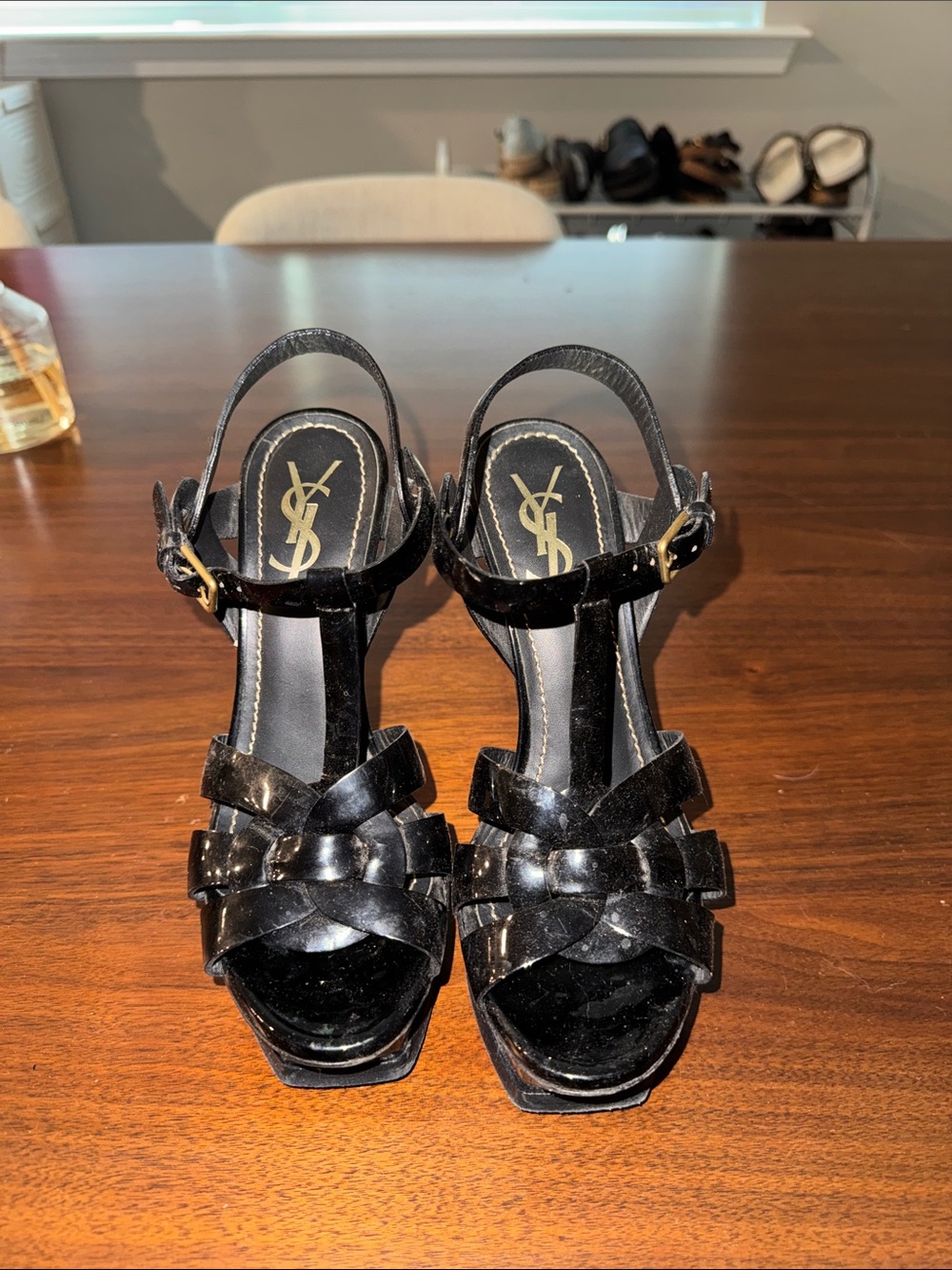 Saint Laurent Black Patent Woven T-Strap Platform Sandals